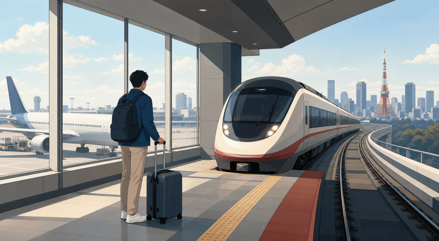 공항 철도 승강장에서 도심행 특급 열차를 기다리는 여행자, 창밖으로 공항 계류장과 도쿄 도심 스카이라인이 보인다